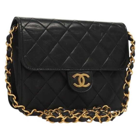 CHANEL Matelasse Chain Shoulder Bag Lamb Skin Black Gold CC Auth - Picture 1 of 15